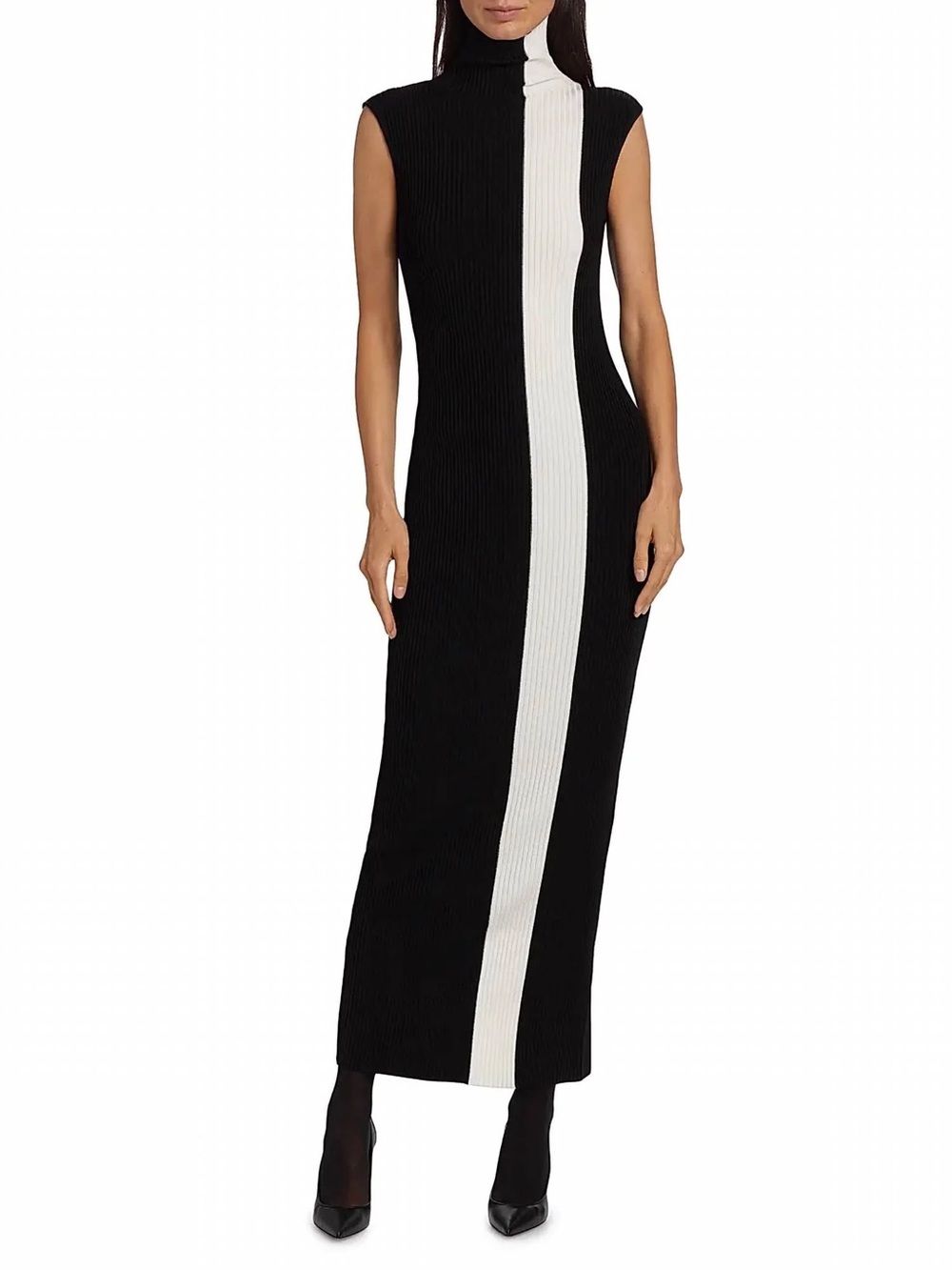 Nonchalant Label Estella Rib Knit Stripe Sleeveless Column Maxi Dress BLK Medium
